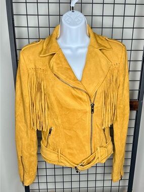 Fashion Nova Women’s Faux Suede Fringe Moto Jacket - Mustard Yellow